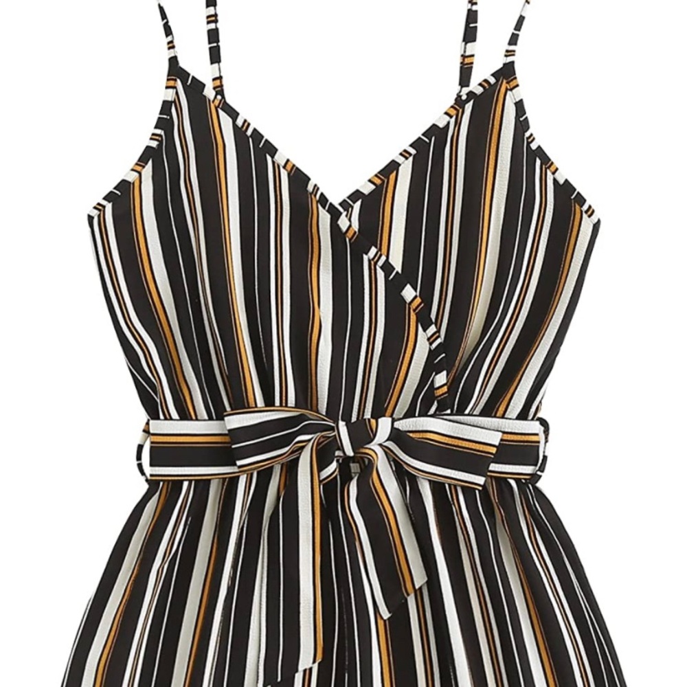 Cute striped romper with adjustable straps and removable waist tie